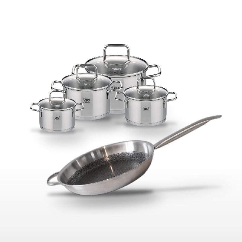 Batterie de cuisine Set casserole et poêle poêle 32 cm faitouts 12/14/16/20 cm acier inoxydable Elo Collection Relief Solution Citrin - gris 3176239_0