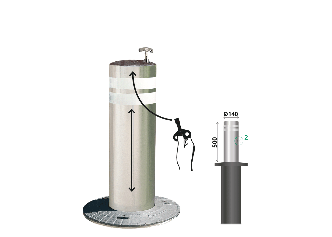 Borne escamotable semi-automatique en acier inoxydable AISI 304 - H275TR - restreint l'accès aux véhicules et délimite les espaces_0