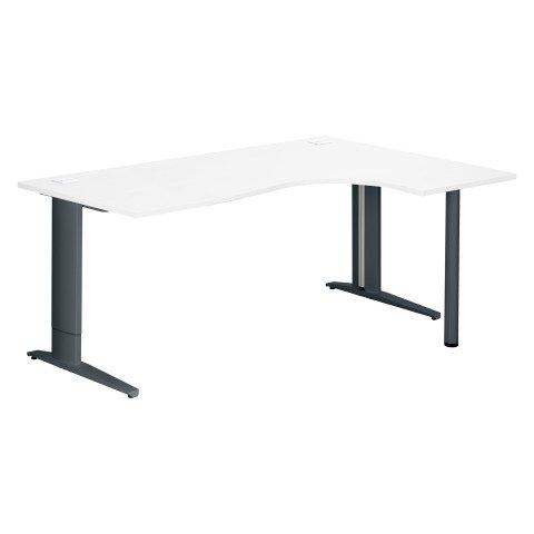 BUREAU COMPACT EXCELLENS L 180 CM BLANC RETOUR À DROITE RÉGLABLE EN HAUTEUR PIÉTEMENT MÉTAL PLUS ANTHRACITE