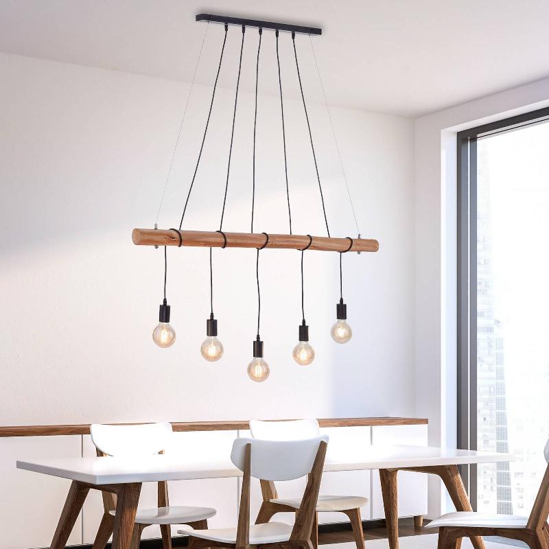 JUST LIGHT. SUSPENSION DAMIAN AVEC POUTRE EN BOIS ET 5 DOUILLES