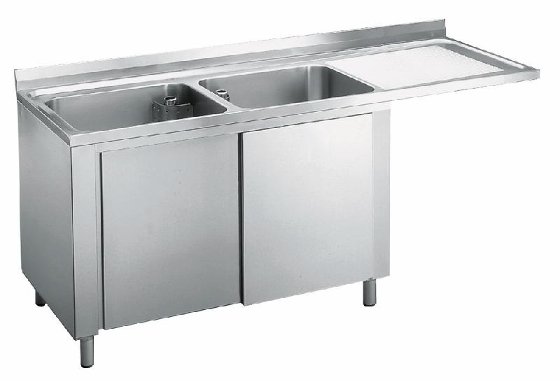 Plonge inox sur armoire avec portes coulissantes, place pour lave-vaisselle, 2 bacs à gauche, 1600x600 mm - SLA2LD1606_0