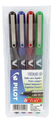 STYLO ROLLER PILOT V-BALL ÉCRITURE FINE. POCHETTE DE 4 COULEURS CLASSIQUES