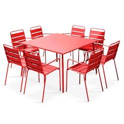 Oviala Business Ensemble table de terrasse carrée et 8 fauteuils en métal rouge - Oviala - rouge acier 103643_0