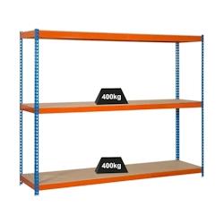 PROREGAL Étagère pour charges lourdes MID WOOD YETI THREE | HxLxP 150x150x60cm | Charge du compartiment 400kg | Bleu-orange - gris métal PR_RS140-18_0