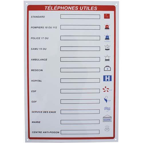Viso panneau téléphone utiles blanc rouge en plastique, adhésif au dos, trous de fixation, l30 x h45 cm_0