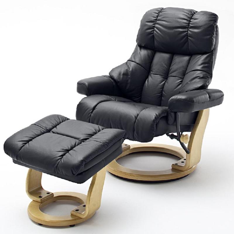 FAUTEUIL RELAX CLAIRAC XL ASSISE EN CUIR NOIR PIED EN BOIS NATUREL AVEC REPOSE PIED_0