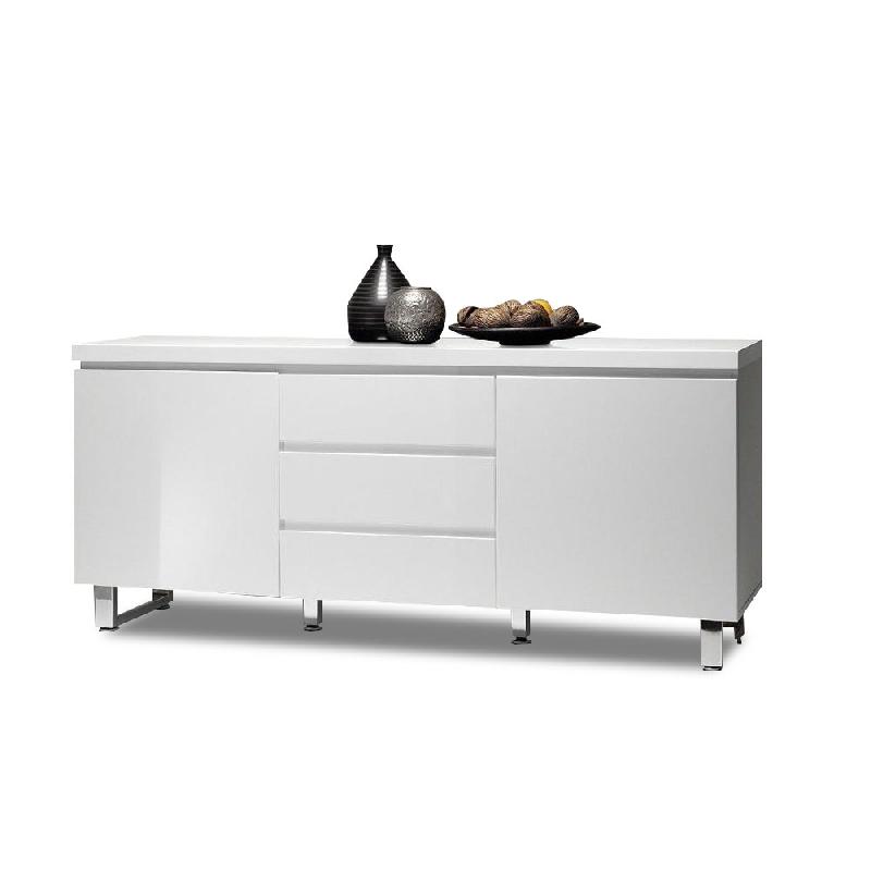 Buffet Altona blanc laqué brillant - 2 portes, 3 tiroirs, piétement en métal chromé - Design contemporain_0