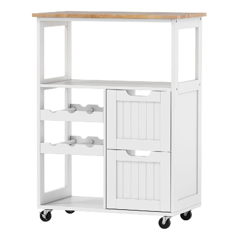 COSTWAY chariot de cuisine à roulettes, île avec étagères, porte-vin et plateau bois, 65×37×89cm, blanc - blanc Bois manufacturé VH36430IT_0
