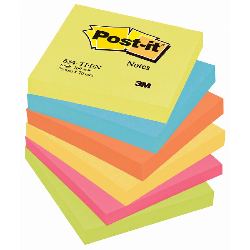 NOTES REPOSITIONNABLES POST-IT ENERGETIC 76 X 76 MM - COLORIS ASSORTIS - LOT DE 6 BLOCS DE 100 FEUILLES