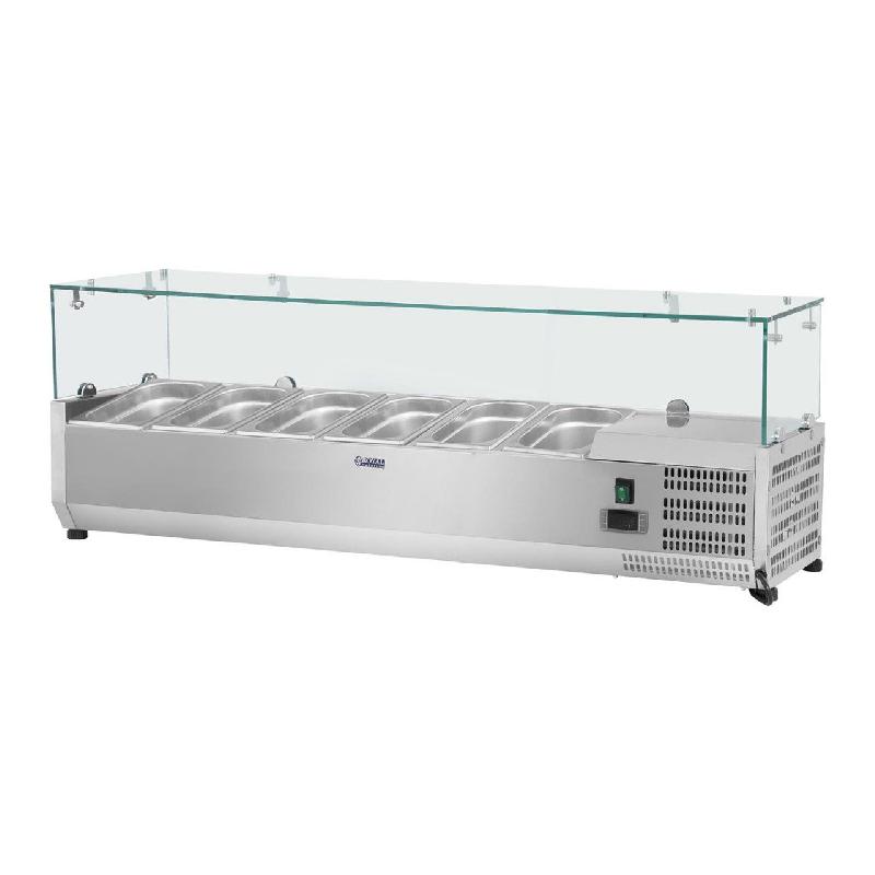 Saladette à poser - Table comptoir en acier inoxydable avec couvercle en verre - 140 x 33 cm - 6 bacs GN 1/4 - Réfrigération statique - Thermostat Dixell - Modèle 14_0003288_0