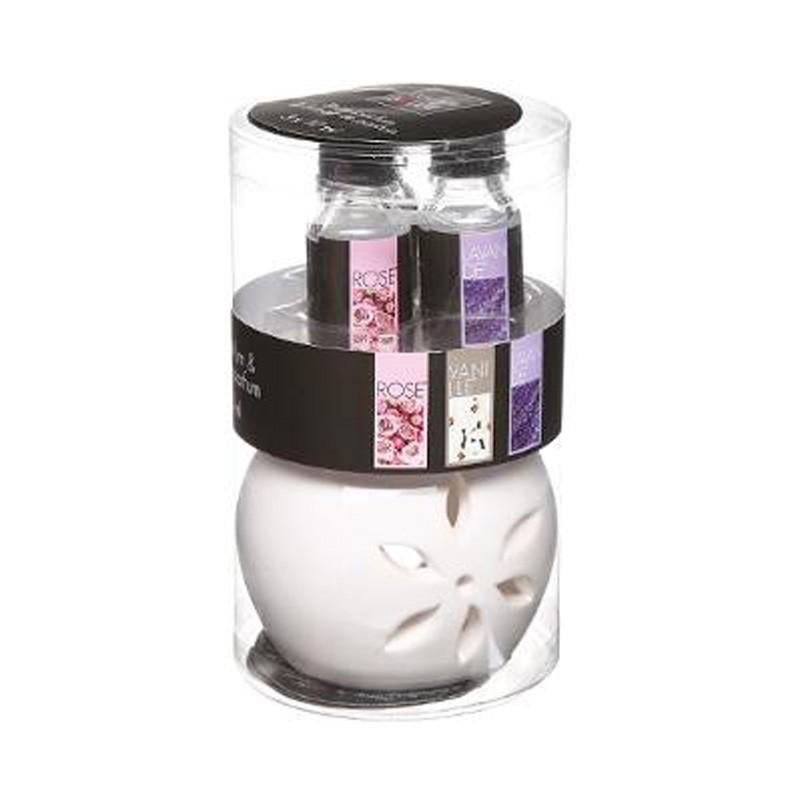 Brûle-parfum en verre avec 3 flacons d'huiles parfumées Pura 10ml (Vanille, Rose, Lavande) - Paris Prix_0