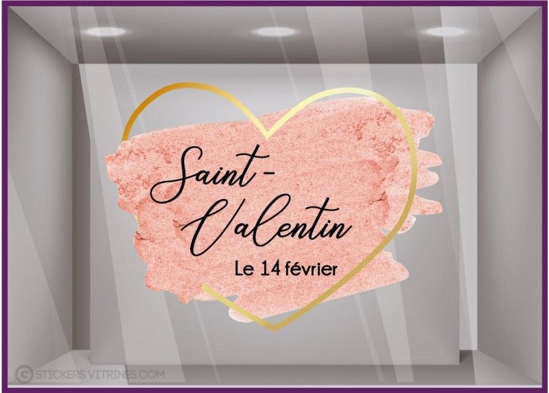 Adhésif pour vitrine Saint-Valentin - Sticker coeur pailleté rose et doré - Dimensions 57 x 42 cm_0