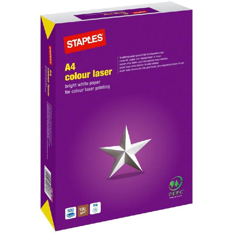 STAPLES PAPIER COLOUR LASER - RAMETTE DE 500 FEUILLES - FORMAT  A4 (100 G/M²) - COULEUR BLANC