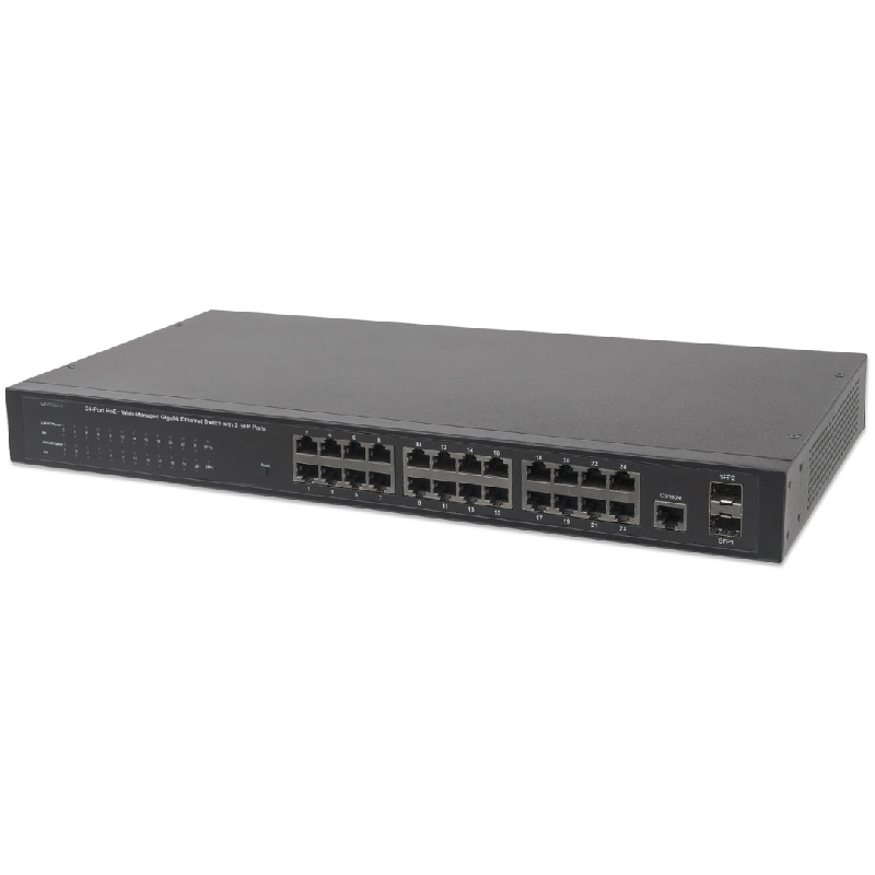 Switch PoE+ 24 ports Gigabit Ethernet géré par le Web avec 2 ports SFP - 370W PoE - Montage en rack - Bravour® - Référence POEMHT28_0