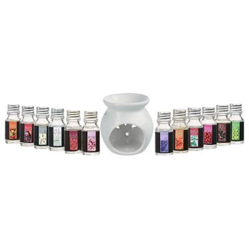 Brûle-parfum blanc avec 12 flacons d'huiles parfumées 10ml - Paris Prix_0