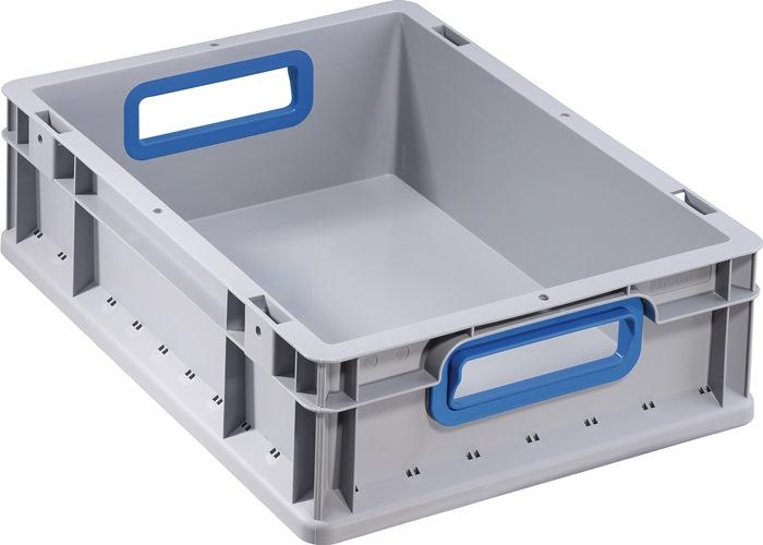 Conteneur de transport gerbable - L400 x l300 x H120 mm - gris - polypropylène - poignée ouverte bleue - parois latérales fermées - ALLIT_0