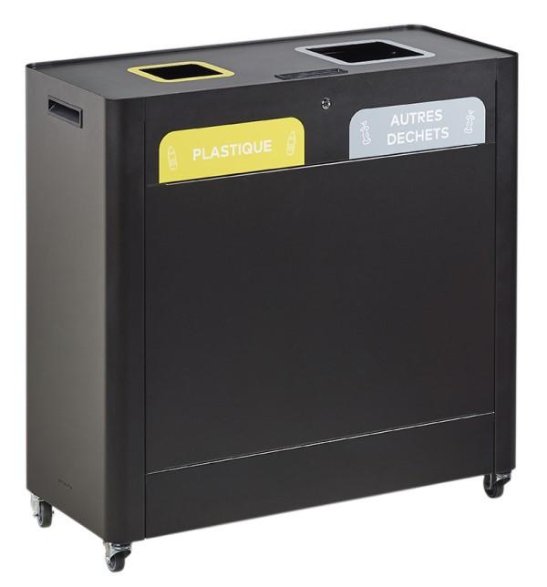 Meuble de tri sélectif mobile - 2 x 60 litres - Double-flux sur roulettes, acier poudré anti-UV_0
