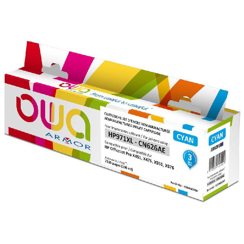 OWA CARTOUCHE D'ENCRE REMANUFACTURÉE, COMPATIBLE POUR HP 971XL CN626AE - CYAN