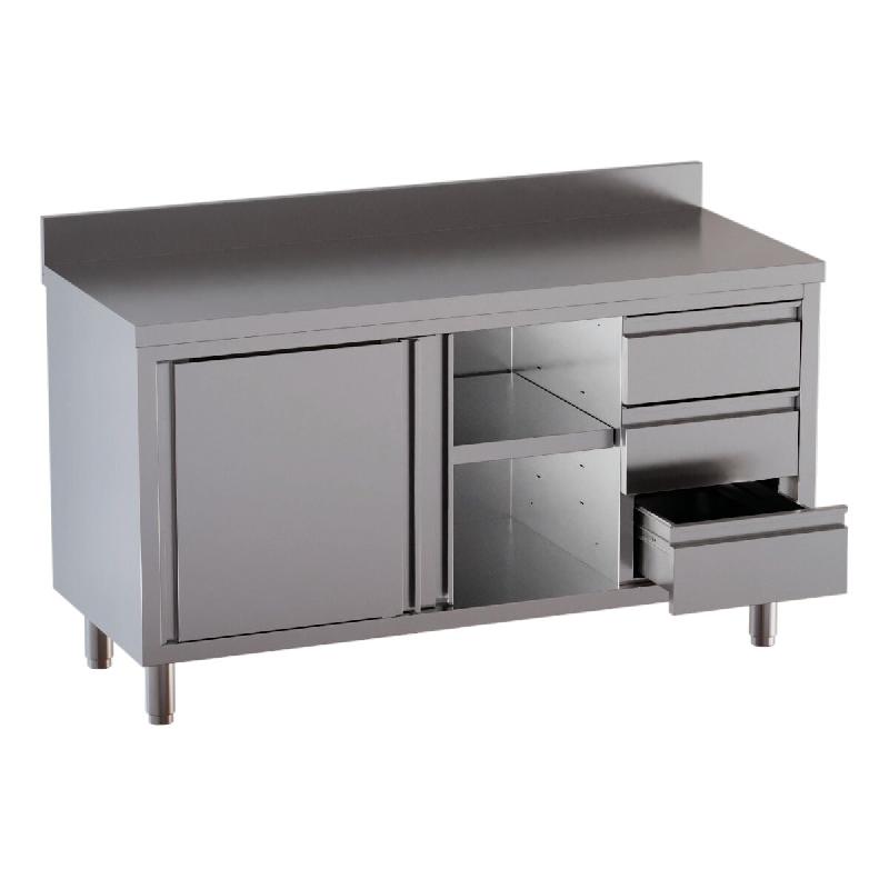 Vaiotec Meuble de bureau TOPLINE / portes battantes, 3 tiroirs à droite et bord surélevé, 1200 x 700 mm - inox 10419_0