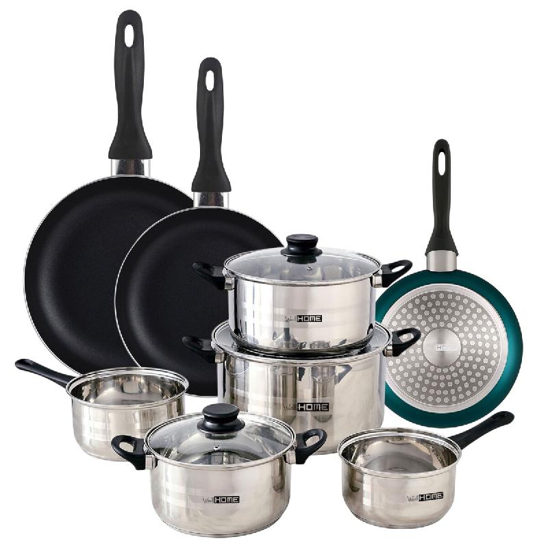 WellHome - Batterie de cuisine 8pc en acier inoxydable avec jeu de 3 poêles Ø16/20/24cm bleu métallisé en aluminium pressé - multi-matériau PK8174_0