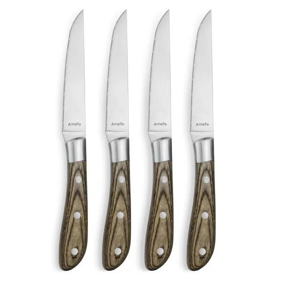 Amefa Coffret 4 couteaux steak Achille Bois de Pakka - Manche bois noble acier coutellerie - argenté inox 3546690401446_0
