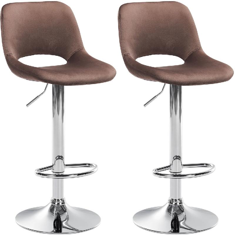 CLP Lot de 2 tabourets de bar Camden velours Marron/Métal chromé - marron textile 325149_0