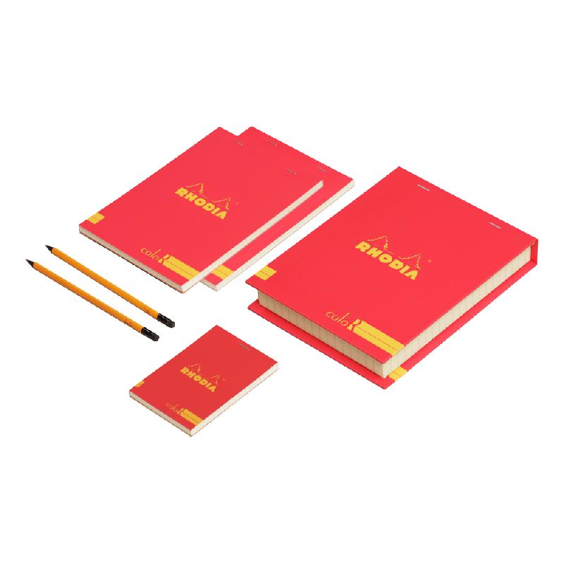 COFFRET RHODIA COLOR (3 BLOCS AGRAFÉS COLOR LIGNÉ + 2 CRAYONS) - COQUELICOT - LOT DE 2