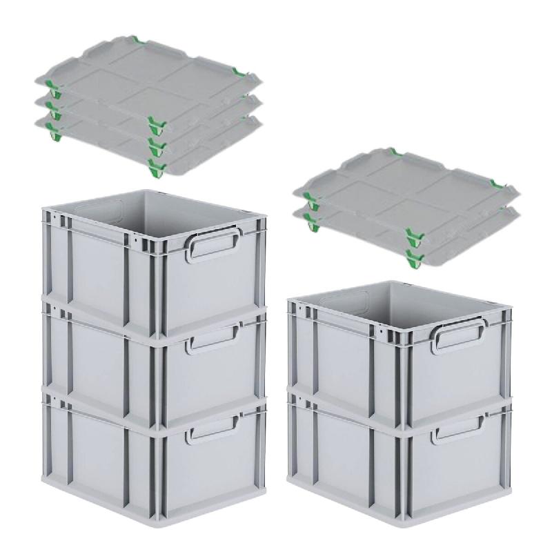 PROREGAL 5x Bac Euro NextGen Economy avec couvercle d'appui et 4 fermetures à glissière vertes poignées fermées 22x30x40cm 20L - noir plastique RM_0