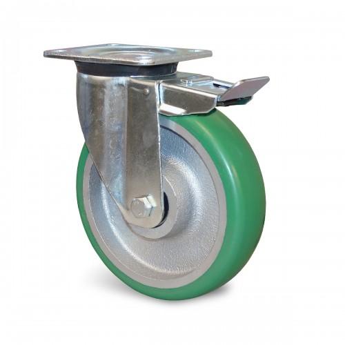 ROULETTE ÉPAISSE PIVOTANTE BLOCAGE SUR PLATINE FONTE/POLYURÉTHANE 160 MM - CHARGE 550 KG GUITEL