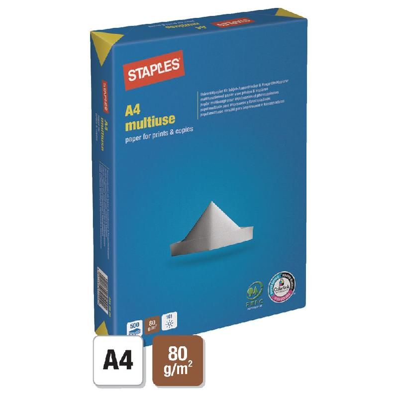 STAPLES PAPIER MULTIUSE - RAMETTE DE 500 FEUILLES - FORMAT A4 (80 G/M²) - COULEUR BLANC (PRIX À L'UNITÉ)