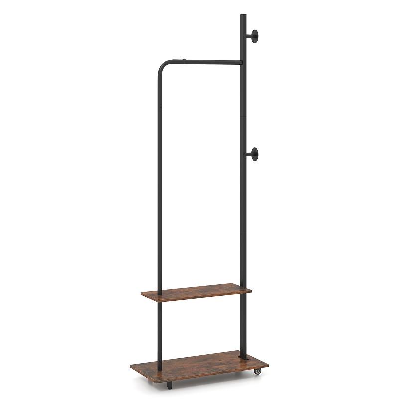COSTWAY Porte‑vêtements sur roulettes, barre à vêtements avec 2 crochets et 2 étagères, cadre métallique pour entrée et chambre, 60×30×175_0