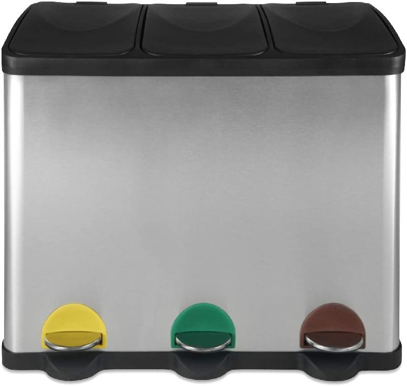 POUBELLE CUISINE DE RECYCLAGE CAPACITÉ 60 LITRES 3 COMPARTIMENTS SEAUX INTÉRIEURS AMOVIBLES ACIER INOXYDABLE POUBELLE À PÉDALES COLORÉES SÉLECTIVE CORBEILLE POUR CUISINE 01_0000309_0