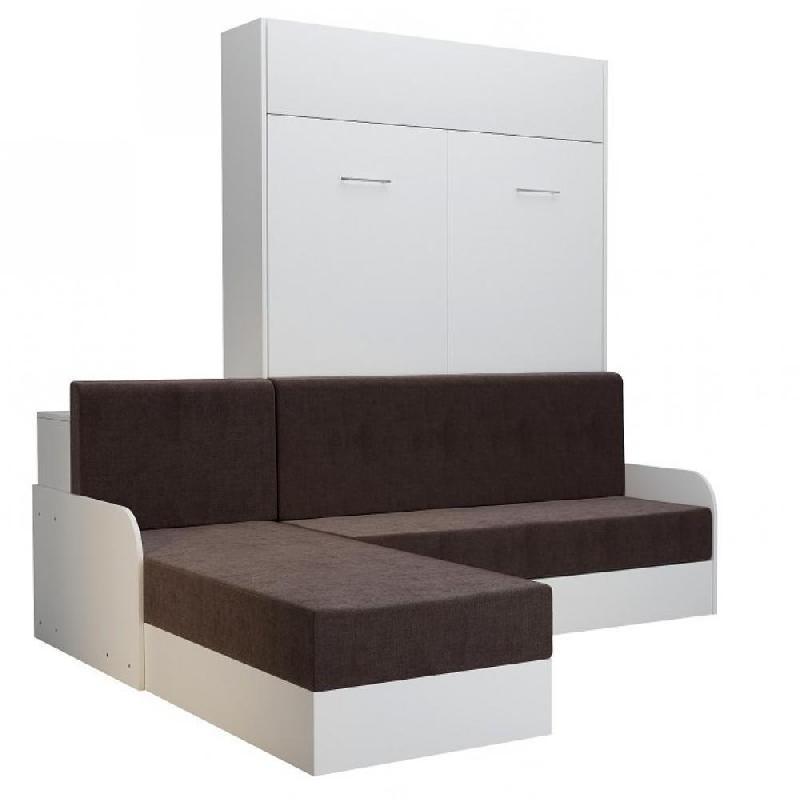 Lit escamotable Dynamo Sofa - canapé angle méridienne réversible avec accoudoirs - blanc et tissu marron - 140x200 cm_0