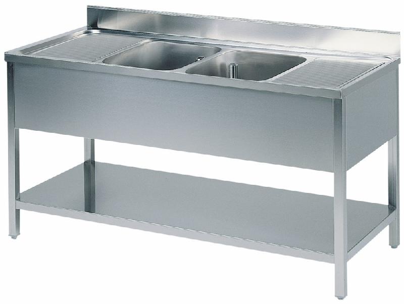 Plonge inox, 2 bacs, 2 égouttoirs, sur piètement, avec étagère inférieure, 2000x700 mm - GLA0017_0