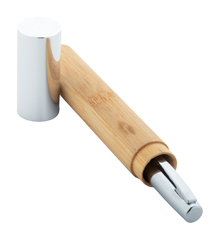 Stylo à bille en métal et bambou - avec étui tube en bambou - encre bleue_0