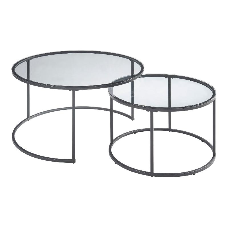 Set de 2 tables basses rondes gigognes en verre fumé - structure en métal noir - modèle 03_0008364_0