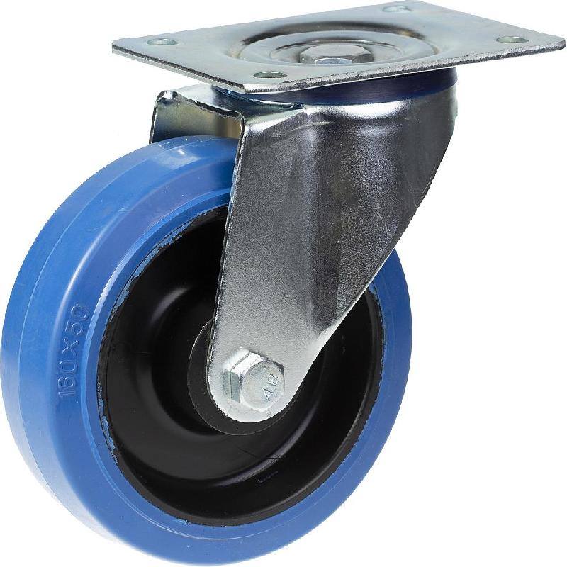 Roulette pivotante de 125 mm avec caoutchouc élastique bleu sur roue centrale en nylon_0