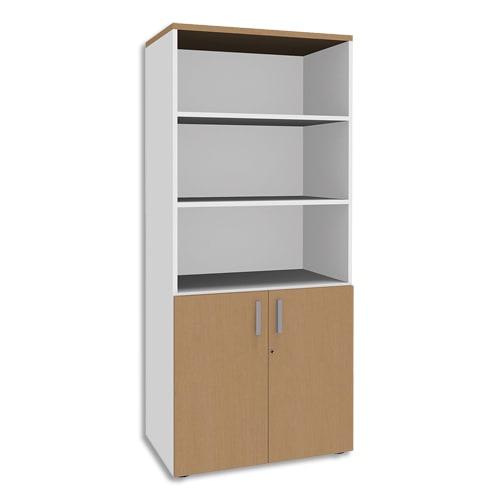 Simmob bibliothèque 2 portes basses Steely hêtre - pieds blancs en bois - 4 tablettes réglables - dimensions L80 x H180 x P47 cm_0