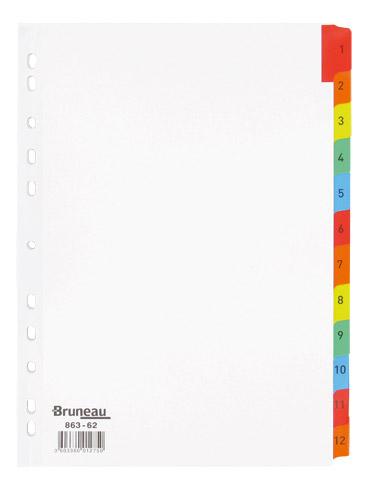 LOT DE 2 - INTERCALAIRE A4 CARTE BRISTOL BLANCHE BRUNEAU 12 ONGLETS NUMÉRIQUES MULTICOLORES - 1 JEU