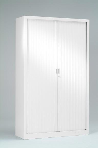 Armoire haute à rideaux 1200 x 430 x 1980 mm - Blanc - Monobloc bois avec 4 étagères et rideaux à ouverture totale_0