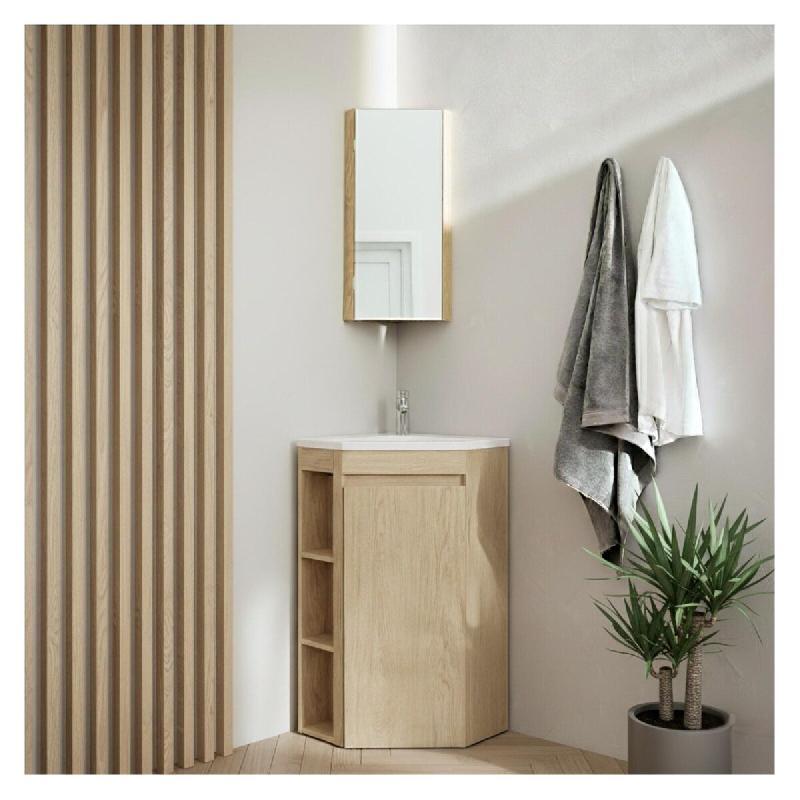 MOB-IN Ensemble meuble sous vasque d'angle sur pieds avec vasque en résine, robinet chromé et armoire de toilette - marron 3701606511385_0