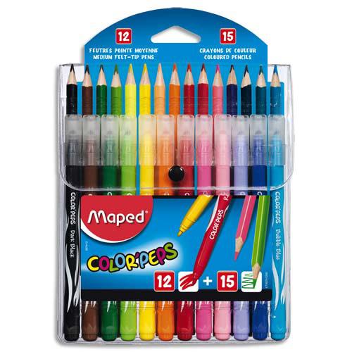 POCHETTE DE 12 FEUTRES MAPED LONG LIFE + 15 CRAYONS DE COULEUR COLOR'PEPS