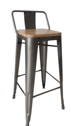 Tabouret de bar en metal factory avec dossier - acier brossé assise bois - h.Assise 68cm_0