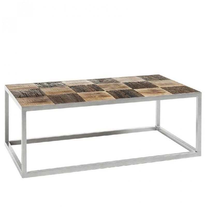 Table basse BRODER 100 x 60 cm - Métal laqué silver et plateau en manguier massif et vieux bois de bateaux_0