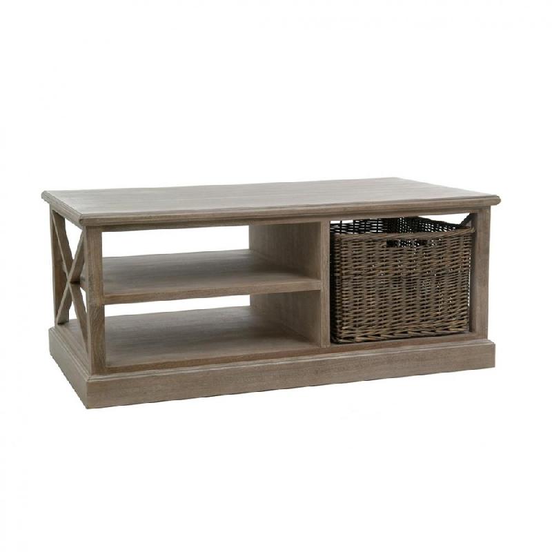 Table basse SAKOA rectangulaire - 1 panier en rotin et 2 plateaux en bois massif naturel_0