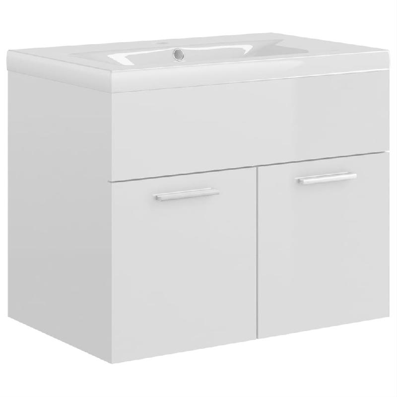 Armoire d'évier avec lavabo intégré - 60 x 38,5 x 46 cm - Blanc brillant - Aggloméré - 02_0006449_0