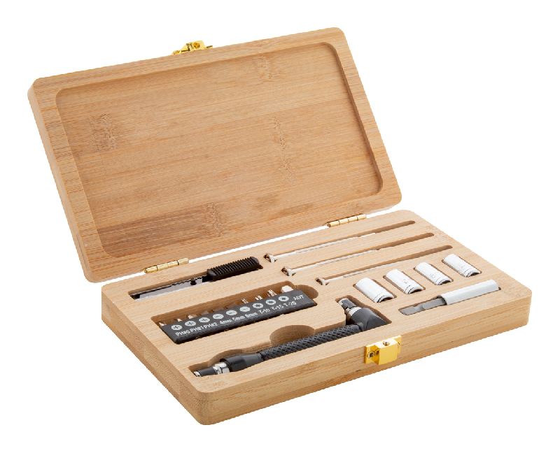 Kit d'outils en métal - 21 pièces avec boîte en bambou naturelle - tournevis et accessoires inclus_0