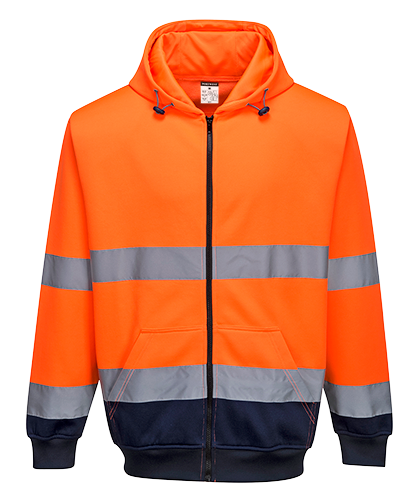Sweat à capuche bicolore à zip orange marine B317 - certifié CE - bandes réfléchissantes - norme EN ISO 20471 Classe 3_0