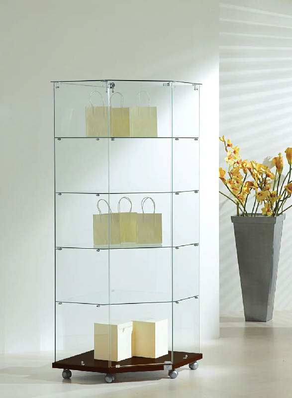 Vitrine d'angle tout verre 7/18VA - verre trempé - bois wengé - 68x68x180 cm_0