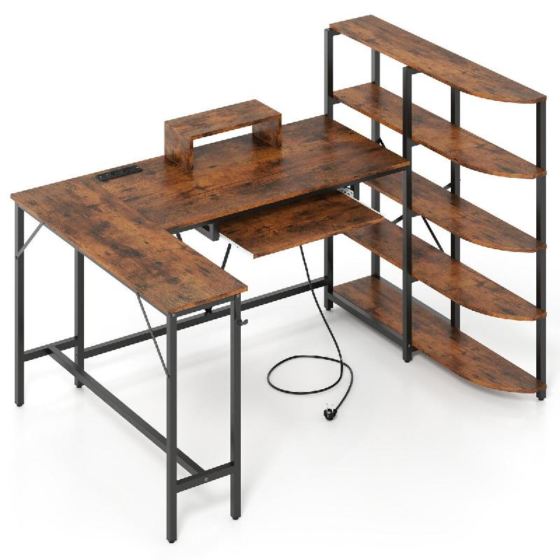 Helloshop26 - Bureau en L avec bibliothèque et station de charge 160 x 108 x 109,5 cm ergonomique moderne en bois d'ingénierie 20_0010907 - métal 3_0